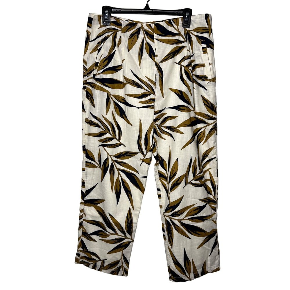 NWT J.O.A. XL Beige Tropical Leaf Print High Rise Lightweight Cotton Pants